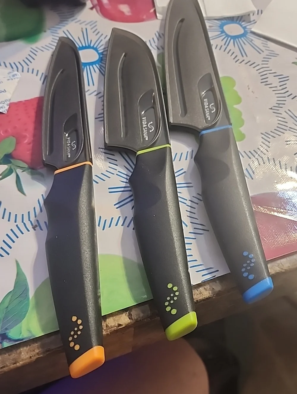Princess House 3-Piece Knife Set with Orange, Green, and Blue Accents